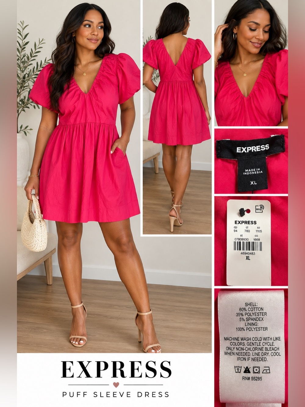 NWT Express Hot Pink Puff Sleeve Mini Dress XL V Neck Ruched Cotton Blend